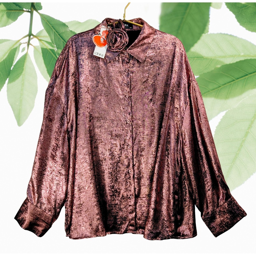 Cider 2XL NWT‎ Pink Metallic Button Up Shirt with Rose Detail
